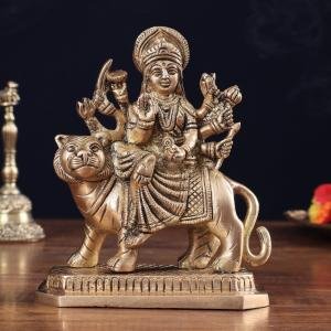 Pure Brass Goddess Durga Sitting on Tiger Idol 5.5" | Divine Strength, Courage & Protection | Intricately Crafted | Eliminate Evil & Grant Blessings | Sacred Decor